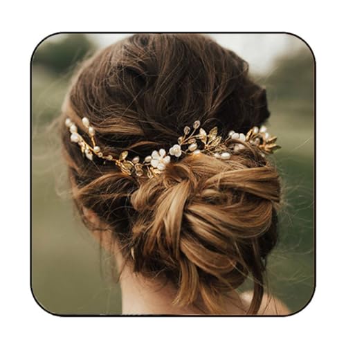 JONKY Flor novia boda pelo vid perla nupcial pieza de pelo de hoja de oro diademas accesorios para el cabello boda diadema para mujeres y niñas