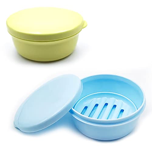 Philbinden Travel Soap Container 2 Pack Round Plastic Soap Holder with Leak-Proof Lid Keep Bar Shampoo and Bar Conditioner Dry Travel Soap Case for Business Trip Bathroom Gym Shower (Blue+Yellow)