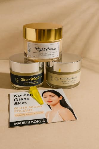 Image of Celibrity Korean glass treatment kit | Skincare Night Cream Lotion Sunscreen and Micro Foliant | Skin Whitening , Glowing , Brightening, Fairness, Radiance & Glow, Pigmentation kit