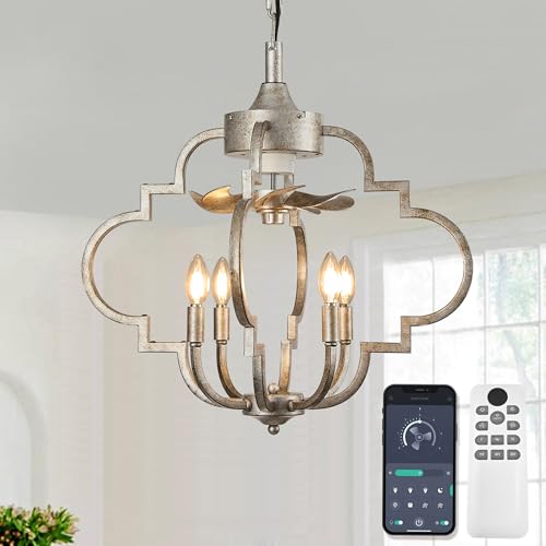 LVYEAYOU Chandelier Ceiling Fan, 23' Rustic Fandelier Ceiling Fan with Light, 4-Metal Rod Geometric Lantern Design, Vintage Hanging Ceiling Fans for Bedroom, Dining Room, Kitchen-Antique Silver