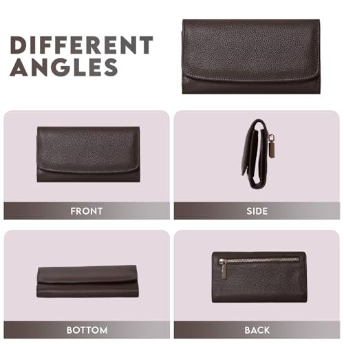 Image of Genuine Leather Women's RFID Blocking Trifold Slim Clutch Wallet with 12 Card Slots, 1 ID Window, and 4 Cash Slots