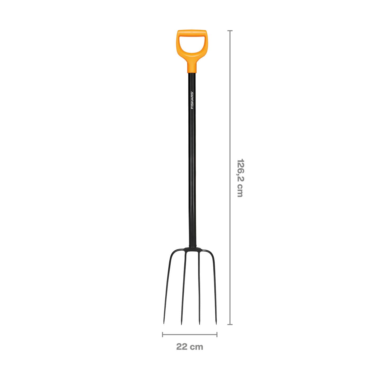 Fiskars Horca para compostar con 4 púas, Longitud: 126 cm, Púas de acero de calidad/Mango de plástico reforzado con fibra de vidrio, Negro/Naranja, Solid, 1070674
