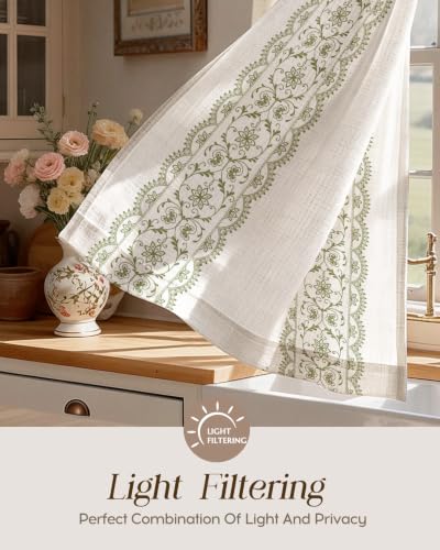 Image of Miss Adola Boho Kitchen Curtains - 45 Inch Length Linen Blend Green Floral Cafe Curtains Farmhouse Tier Curtain Short Drapes Rod Pocket for Bathroom Living Room Windows Light Filtering, 2 Panels