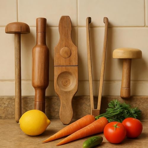 Image of Wooden Kitchen Tool Set for Cooking, Including Belan, Mathni, Dutta, Chimta, Lemon Press, Eco-Friendly Kitchenware Utensils, Durable & Easy to Clean