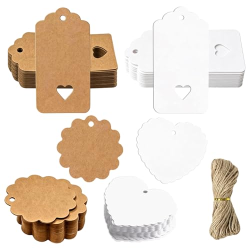 200Pcs Blank Labels with String for Presents Price Clothing Personalised Paper Gift Tags for Presents Wrapping Wedding Christmas Birthday Valentines Day DIY Crafts(Brown&White) 300g/m