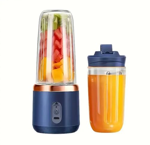 Portable Electric Juicer Blender with USB Charging, 6-Blade 2-in-1 Design, Includes 2 Cups and Sports Lid for Smoothies