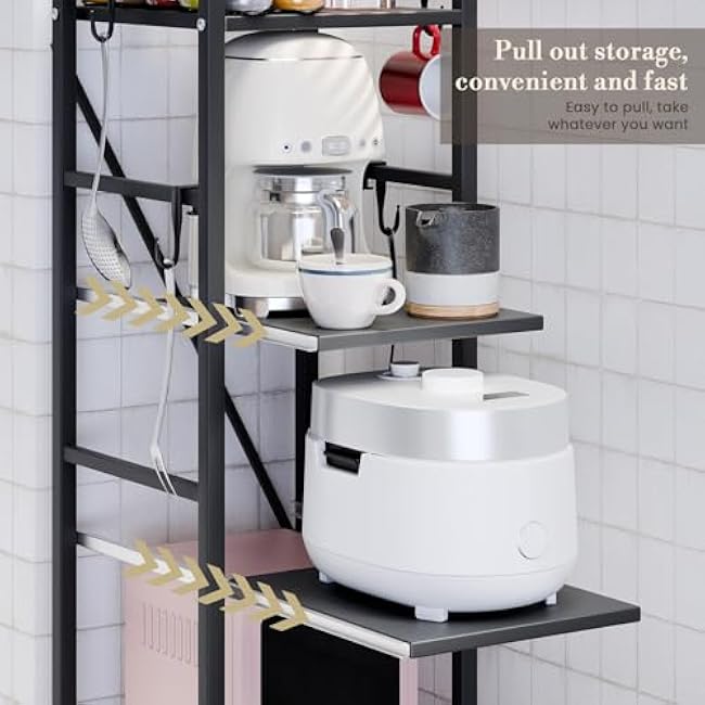 4 Tier Kitchen Rolling Cart, Microwave Stand with Drawers & Hooks, Coffee Bar Cart Baker's Rack, Small Appliance Storage Trolley with Wheels, Small Island for Kitchen Black-GwptgAOo