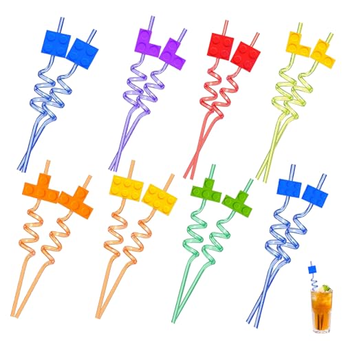 Lot de 16 pailles, blocs de construction, décoration d'anniversaire, pour Lego, pailles amusantes pour enfants, réutilisables, multicolores, nœud en plastique, accessoires de fête, cadeaux de fête