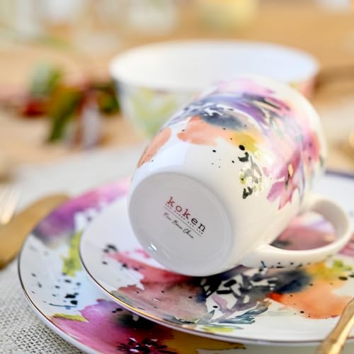 KOKEN-16-Piece-Dinnerware-Set-Service-for-4-fine-bone-china-with-design-Water-Flower-collection-Pink-Ideal-for-special-occasions-or-every-day
