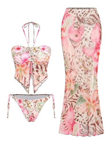 Image of ZAFUL Women 3 Piece Bikini with Cover Up Skirt Halter Bandeau Swimsuit Floral Tie Side Cheeky Bathing Suit