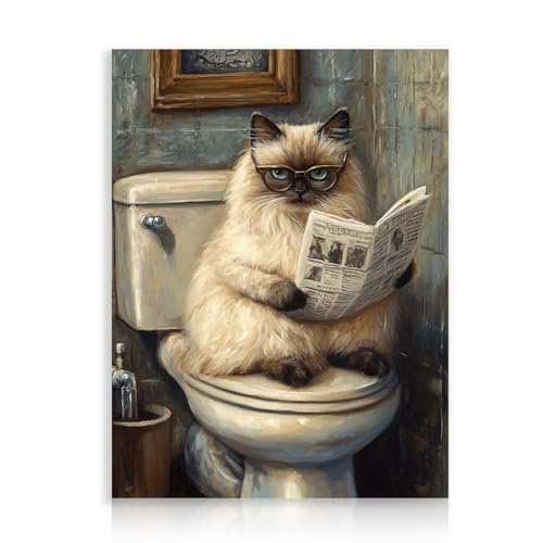 Dazzlewall Funny Cat Bathroom Wall Art Poster, Cat Reading the Newspaper on Toilet Canvas Animal Print Pictures for Toilet Bathroom 12x16 in Unframed