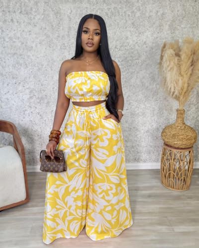 Image of Two Piece Sets for Women Summer Outfits Crop Tops and Wide Leg Pants Sets Sexy Jumpsuits Vacation Outfits with Pockets
