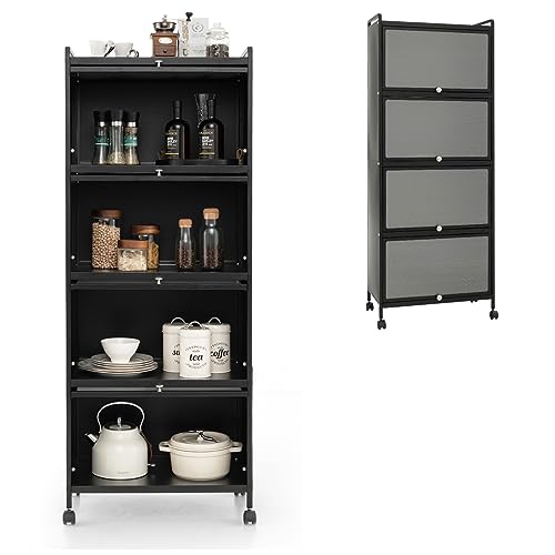 KOMFOTTEU Armoire à Porte, 5 Niveaux, Étagère de Cuisine, 4 roulettes universelles, Meuble de Rangement en Fer, Dispositif Anti-basculement, Salon, Salle à Manger, 60 x 32 x 154 cm (Noir)