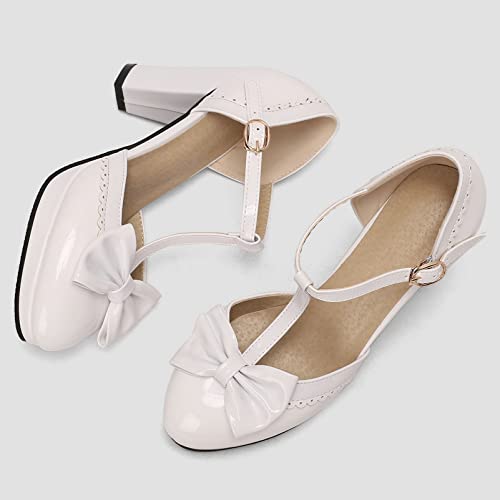 LUXMAX Women 1950s Rockabilly Shoes T Strap Mary Janes Platform Block High Heel Pumps Bow Patent Leather Vintage Wingtip Pumps3