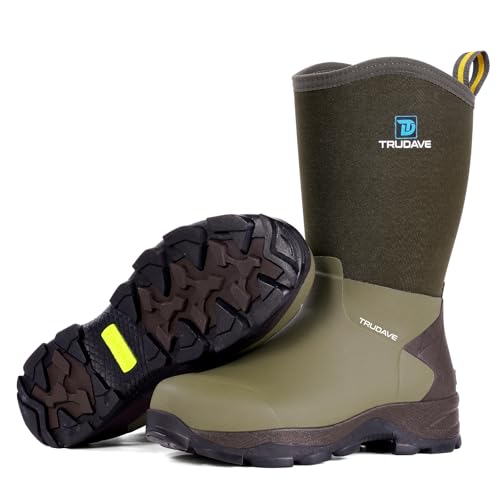 Trudave Rubber Boots for Men with Steel Shank, 5.5mm Neoprene Insulated Mud Work Rain Boots, Anti-slip Breathable Mid-calf Mens Boots for Garden, Size 6-13
