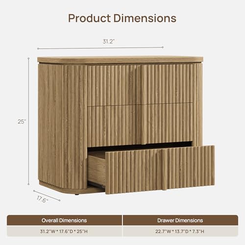 Image of SICOTAS Fluted Night Stand with 3 Storage Drawers, Oversized Extra Large Nightstand Bedside Table with Solid Wood Handle, Modern Night Stands End Table for Bedroom Sofa Couch Office