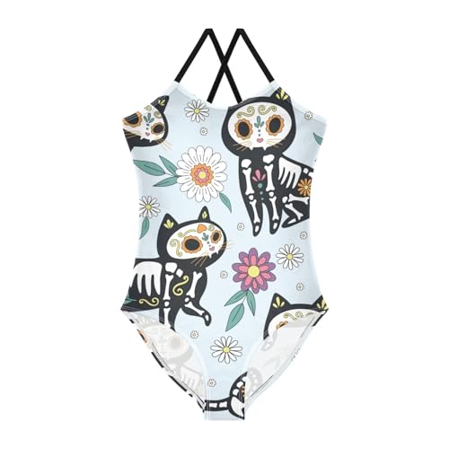 Girls One Piece Swimsuits Black Cat Skeleton Sugar Skull Pattern Sport Halter Swimwear Beach Bathing Suit, 4T