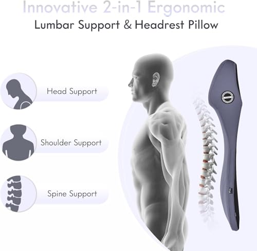 Image of FLORICH Ergonomic Car Seat Cushion and 2-in-1 Lumbar Support Pillow Headrest Memory Foam Car Cushion Back Support Neck Pillow Driving Lumbar Seat Cushion for Truck Driver Sciatica Pain Relief, Blue