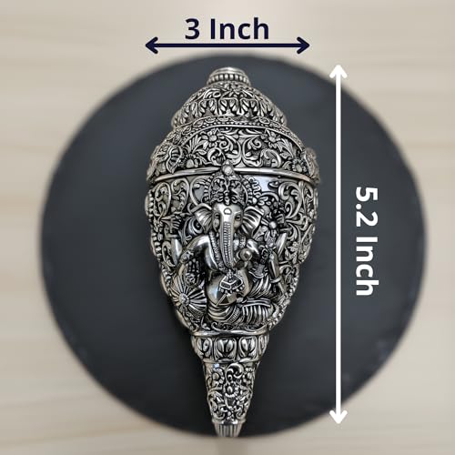 Image of Silver Plated Ganesh Shankh Idol 5.2 Inch | Lord Ganesha Conch Showpiece for Pooja Room, Home Decor & Office Desk | Vastu Gift Item for Housewarming