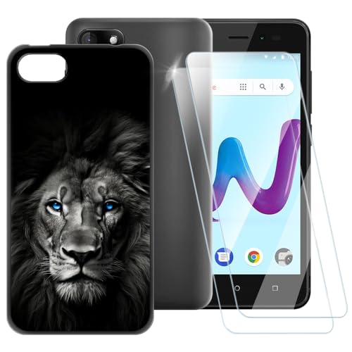 ESACMOT Coque motif lion foncé compatible avec Wiko Sunny 3 + [2 pack] protecteur d'écran en verre trempé, coque antichoc pour Wiko Sunny 3 (5 pouces)