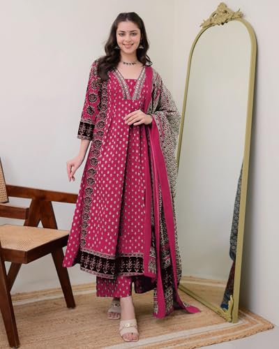 Image of ANNI Designer Women's Pure Cotton Anarkali Kurta Set for Women with Dupatta & Plazzo - Hand Block Print Suit Set | Stylish Dress | Cotton Kurta Set for Women