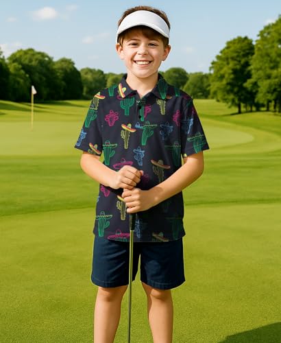 Boys Golf Polo Shirts Short Sleeve - Fun Hawaiian Performance Polo Shirt, Summer Casual Active Tops for Kids Age 7-143