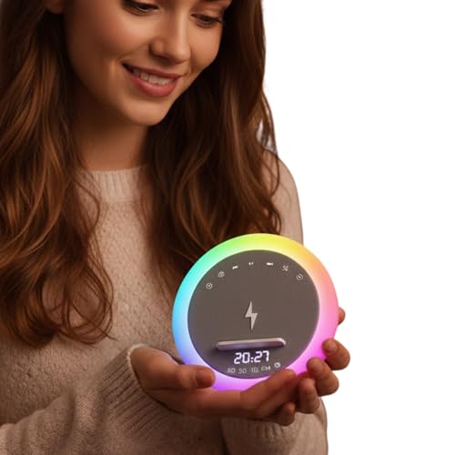 Image of 𝓓rumstone (𝟑𝐘𝐄𝐀𝐑 𝐖𝐀𝐑𝐑𝐀𝐍𝐓𝐘) Bluetooth Speaker Smart Wake Up Light with Wireless Charger, Alarm Clock, RGB Color Ring, Digital Display, Touch Control, LED Night Light, Modern Round Design