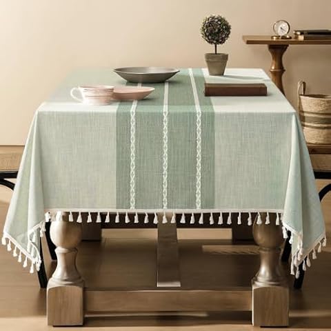 ZeeMart Contrast Linen Table Cloth Rectangle Table Cloths 60x104 Inch Green, Farmhouse Style Heavy Weight Sage Green Tablecloth, Water Resistant Burlap Tablecloths Cover