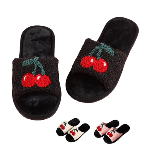 Cherry Slippers Women Slippers for Home House Bedroom Sandals Warm Fuzzy Plush Slides Flip Flop Indoor Outdoor Cherries Fruit Shoes