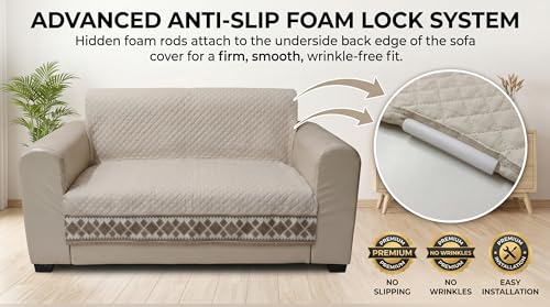 Image of KINGLY Sofa Cover 3 Seater Fully Covered | Stretchable Anti-Slip Slipcover | Washable Furniture Protector | Cream Beige | Seat & Back | Set of 2Pc