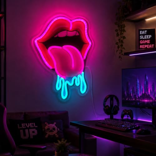 Image of Lips Tongue Neon Sign LED Neon Lights for Wall Decor, Party Decoration, Bar, Bedroom, Game Room, Man Cave, Aesthetic Neon Light Sign Gift for Friends, Couples, and Trendy Room Decor