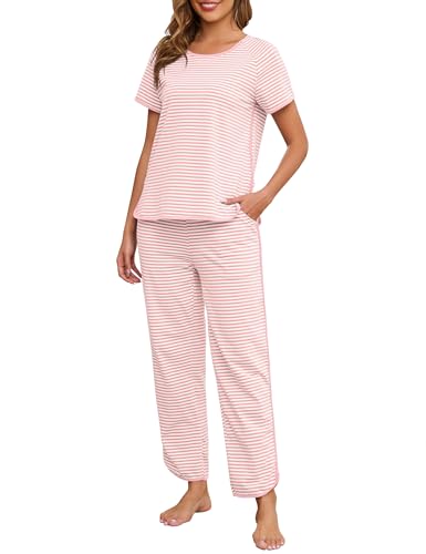 Womens Pajama Sets Cotton 2 Piece Lounge Set Stripe Short Sleeve Pj Set Comfy Loungewear Sleepwear with Pockets