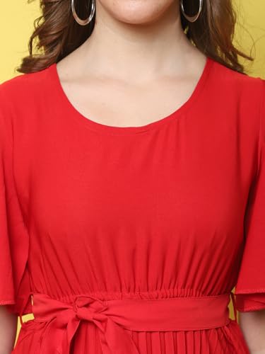 Image of Fabflee Women's Polyester A-Line Standard Length Dress (FB-P1-Pleated-205 XL Red
