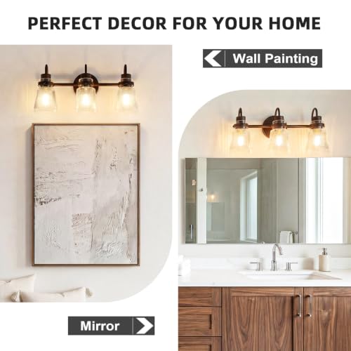 Image of 3-Light Bathroom Vanity Light, Farmhouse Bathroom Light Fixture with Clear Striped Glass Shade, 18.8 Inch Oil Rubbed Bronze Wall Sconce Lighting Over Mirror for Bedroom Hallway Cabinet