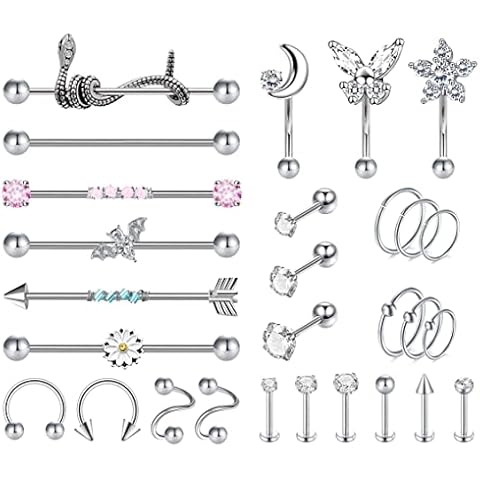 EVELICAL 28Pcs Cartilage Earring Stud Tragus Industrial Piercing for Women Men Stainless Steel Helix Earrings Hoop Rook Daith Conch Piercings Jewelry Silver Tone Cover