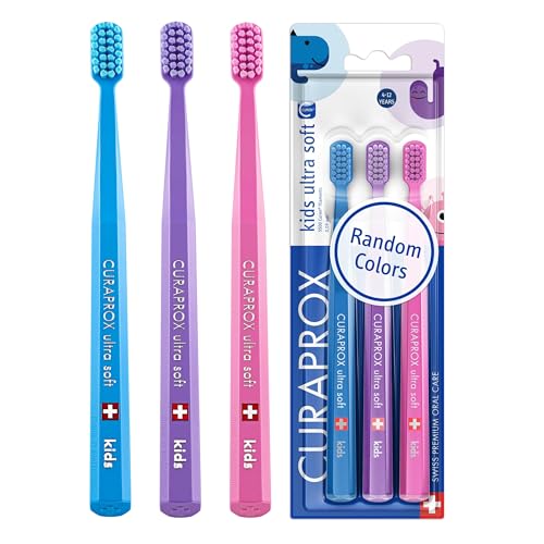 Curaprox Kids Ultra Soft Toothbrush Pack of 3 CUREN Bristles for Gentle Plaque Removal and Cavity Reducing Easy-Grip Handle Kids Toothbrush Age 4 to 12 Assorted