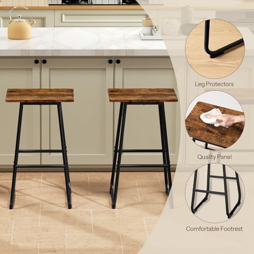 Kitchen Counter Bar Stools, Set of 2, Rustic Brown, Easy Assembly