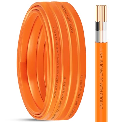 25ft NM-B 10/2 Wire with Ground 10 AWG Copper Wire 10 Gauge 2 Conductor Non-Metallic Sheathed NMB Copper Cable with Ground Residential Solid Indoor Electrical Wiring for Branch Circuit Switch Outlet