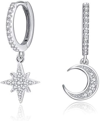 Moon Star Hoop Dangle Earrings for Women, Small Huggie Hoop Earring with Cubic Zirconia Charm for Teen Girls in Sterling Silver (Silver)