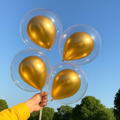 Image of Wanna Party Pack of 5 Bobo Balloons 20 Inch Helium Style Transparent Bubble Clear with 5 Gold Metallic , Gifts for Christmas,Wedding,Birthday, Anniversary Party Decorations