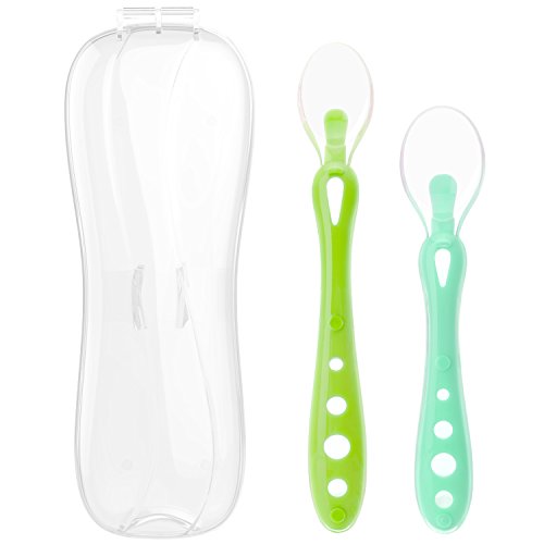 Zooawa Set Cucchiaio Silicone Svezzamento, [2 Pezzi] Cucchiaio Morbido per Bambini di Età Superiore a 4 Mesi - Blu + Verde