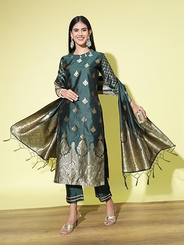 Image of VredeVogel Women's Cotton Silk Jacquard, Banarasi Silk Kurta Pant With Dupatta Set