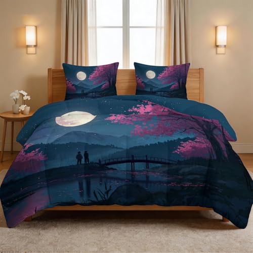 Couette 4 Saisons 220x240 cm en coton lavé haute qualité imprimé lune et fleurs de cerisier
