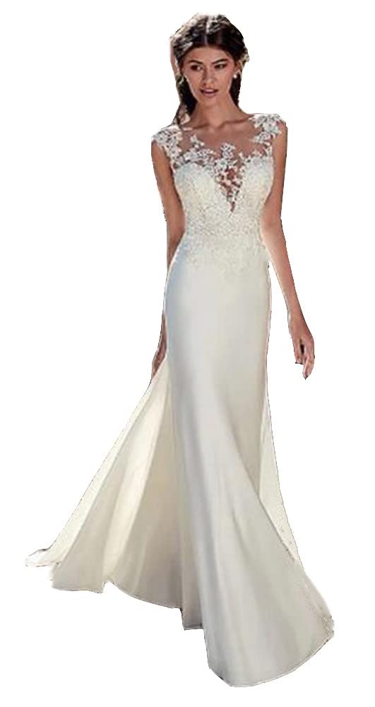 TSxuelian Vestido de novia largo sin mangas de sirena de encaje para mujer