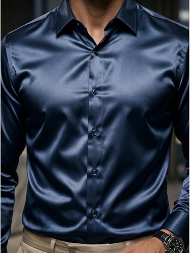 Image of DEELMO Men's Stylish Solid Satin Casual Shirt for Men Full Sleeves| Poly Satin Silk Shirt