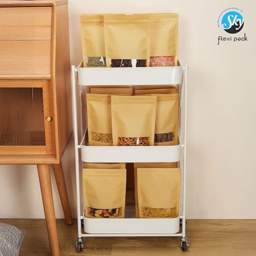 Image of Brown Kraft Paper Zip lock Stand Up Pouches | 12x20 cm | 250gm | Pack of 10 | Food Grade Storage Bags with Transparent Window | Airtight Reusable for Dry Fruits, Snacks, Spices | Self-Sealing