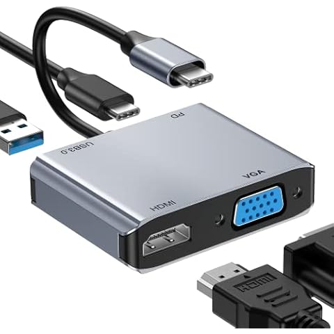 ABLEWE USB C to HDMI VGA Adapter, 4K@30Hz 4-in-1 USB C Multiports Adapter Thunderbolt 3 to HDMI VGA with PD Charging Port and USB 3.0 Port, for MacBook/MacBook Pro/Air,Chromebook Pixel and More Cover