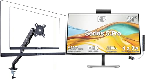 Image of HP Series 5 Pro 24 inch FHD USB-C Conferencing Monitor, 5MP Pop-up Webcam, 4x3W Speakers, VESA Mount (100mm), Displayport, HDMI, Black /Silver w /DKZ Hub & ErgoFlexy Single Mount