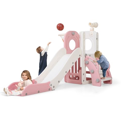 NYEEKOY Indoor Toddler Slide,6 in 1 Slides for Toddlers 1-3, Freestanding Kids Slide with Basketball Hoop, Telescope, Storage,Outdoor Playground for Backyards,Pink