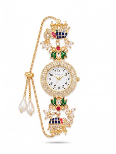 Image of Kashmiri Watch for Women | Gold Tone Round Dial | Crystal Studded Floral Design | Adjustable Chain Traditional Ethnic Jewellery Gift